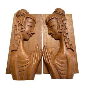 Vintage Hand Carved Praying Women Wooden Bookends